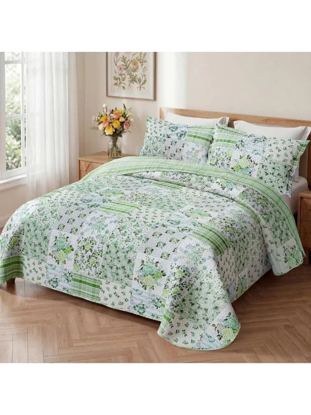 Floral Green Patchwork Queen Quilt Set - Reversible Lightweight Bedding, 3